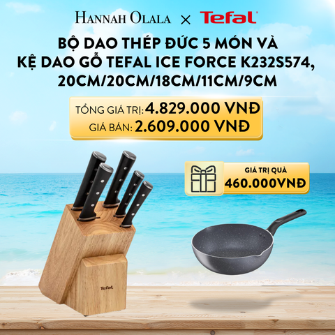  A750_DEAL 15: BỘ DAO THÉP ĐỨC 5 MÓN VÀ KỆ DAO GỖ TEFAL ICE FORCE K232S574, 20CM/20CM/18CM/11CM/9CM 