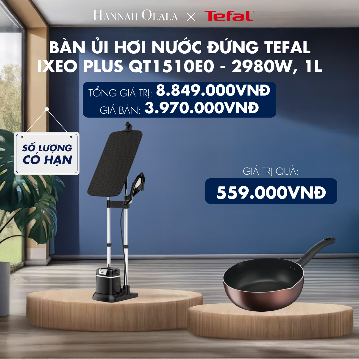 H144_DEAL 3.2: BÀN ỦI HƠI NƯỚC ĐỨNG TEFAL IXEO PLUS QT1510E0 - 2980W, 1L 