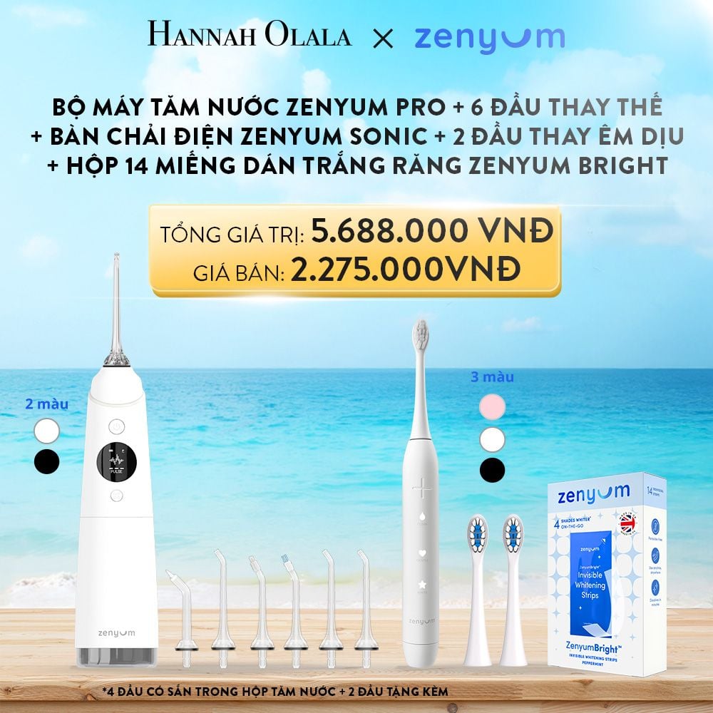  A45_DEAL 3: [GIẢM 60%] BỘ MÁY TĂM NƯỚC ZENYUM PRO + 6 ĐẦU THAY THẾ + BÀN CHẢI ĐIỆN ZENYUM SONIC + 2 ĐẦU THAY ÊM DỊU + HỘP 14 MIẾNG DÁN TRẮNG RĂNG TỰ TAN ZENYUM BRIGHT 