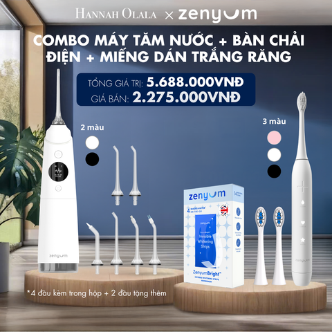 H178_DEAL 3: [GIẢM 60%] BỘ MÁY TĂM NƯỚC ZENYUM PRO + 6 ĐẦU THAY + BÀN CHẢI ĐIỆN ZENYUM SONIC + 2 ĐẦU THAY ÊM DỊU + HỘP 14 MIẾNG DÁN TRẮNG RĂNG ZENYUM BRIGHT 