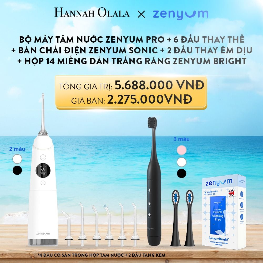  A45_DEAL 3: [GIẢM 60%] BỘ MÁY TĂM NƯỚC ZENYUM PRO + 6 ĐẦU THAY THẾ + BÀN CHẢI ĐIỆN ZENYUM SONIC + 2 ĐẦU THAY ÊM DỊU + HỘP 14 MIẾNG DÁN TRẮNG RĂNG TỰ TAN ZENYUM BRIGHT 