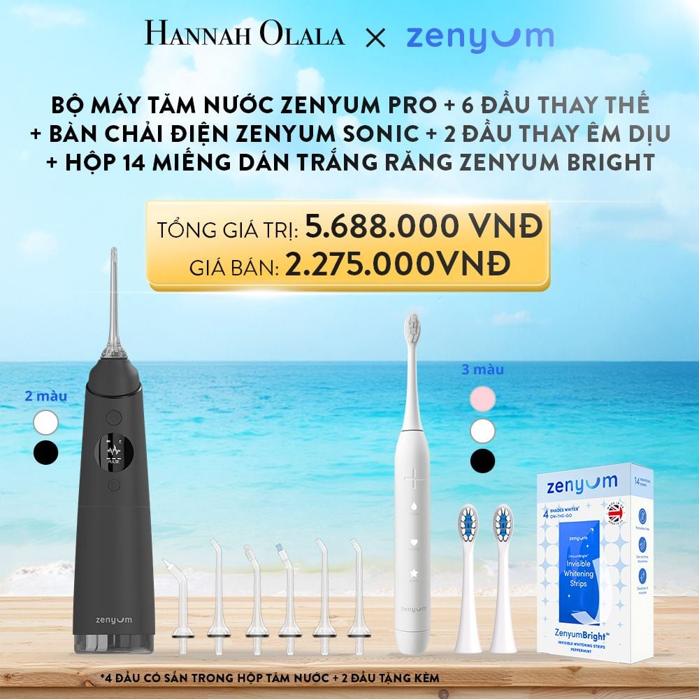  A45_DEAL 3: [GIẢM 60%] BỘ MÁY TĂM NƯỚC ZENYUM PRO + 6 ĐẦU THAY THẾ + BÀN CHẢI ĐIỆN ZENYUM SONIC + 2 ĐẦU THAY ÊM DỊU + HỘP 14 MIẾNG DÁN TRẮNG RĂNG TỰ TAN ZENYUM BRIGHT 