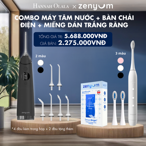  H178_DEAL 3: [GIẢM 60%] BỘ MÁY TĂM NƯỚC ZENYUM PRO + 6 ĐẦU THAY + BÀN CHẢI ĐIỆN ZENYUM SONIC + 2 ĐẦU THAY ÊM DỊU + HỘP 14 MIẾNG DÁN TRẮNG RĂNG ZENYUM BRIGHT 