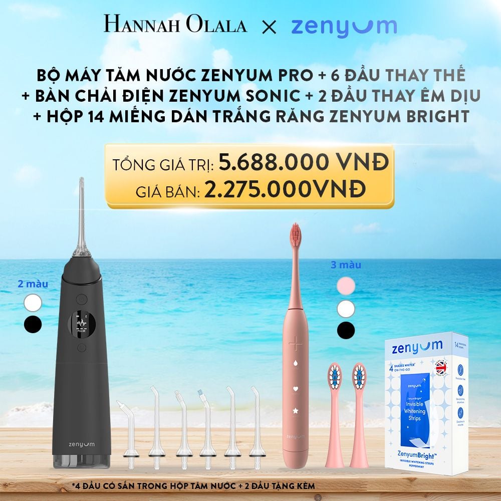  A45_DEAL 3: [GIẢM 60%] BỘ MÁY TĂM NƯỚC ZENYUM PRO + 6 ĐẦU THAY THẾ + BÀN CHẢI ĐIỆN ZENYUM SONIC + 2 ĐẦU THAY ÊM DỊU + HỘP 14 MIẾNG DÁN TRẮNG RĂNG TỰ TAN ZENYUM BRIGHT 