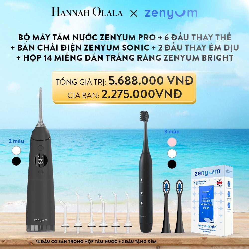  A45_DEAL 3: [GIẢM 60%] BỘ MÁY TĂM NƯỚC ZENYUM PRO + 6 ĐẦU THAY THẾ + BÀN CHẢI ĐIỆN ZENYUM SONIC + 2 ĐẦU THAY ÊM DỊU + HỘP 14 MIẾNG DÁN TRẮNG RĂNG TỰ TAN ZENYUM BRIGHT 