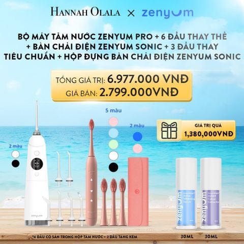 A51_DEAL 4: BỘ MÁY TĂM NƯỚC ZENYUM PRO + 6 ĐẦU THAY THẾ + BÀN CHẢI ĐIỆN ZENYUM SONIC + 3 ĐẦU THAY TIÊU CHUẨN + HỘP ĐỰNG BÀN CHẢI ĐIỆN ZENYUM SONIC 