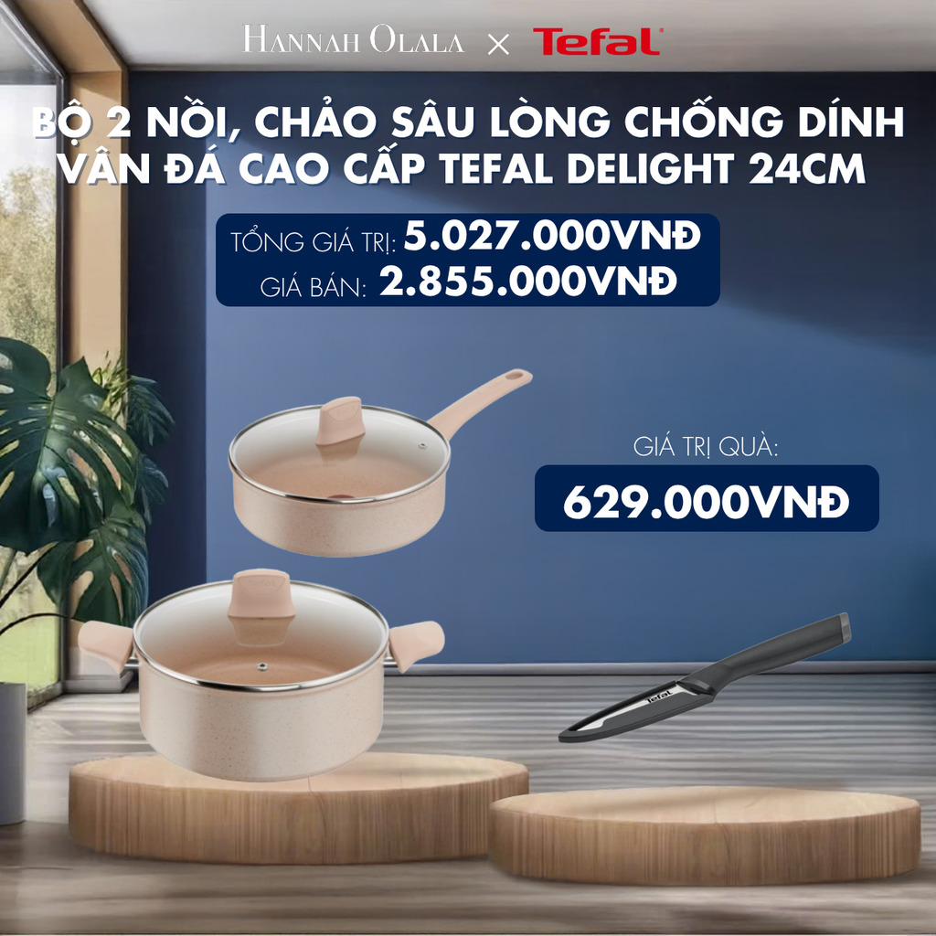  H153_DEAL 9.1: BỘ 2 NỒI, CHẢO SÂU LÒNG CHỐNG DÍNH VÂN ĐÁ CAO CẤP TEFAL DELIGHT 24CM (CHẢO 24CM, NỒI 24CM) 