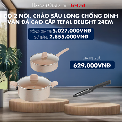  H153_DEAL 9.1: BỘ 2 NỒI, CHẢO SÂU LÒNG CHỐNG DÍNH VÂN ĐÁ CAO CẤP TEFAL DELIGHT 24CM (CHẢO 24CM, NỒI 24CM) 