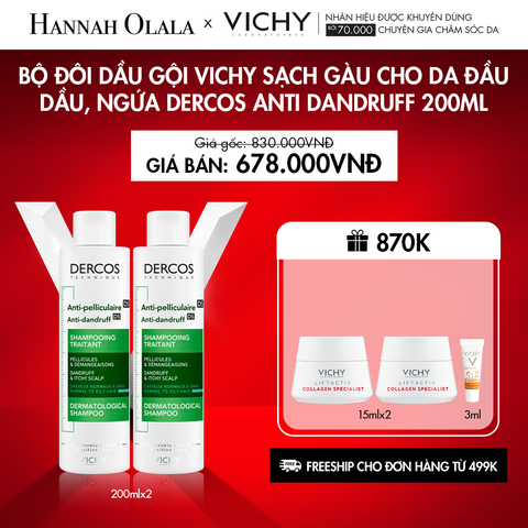  K21_DEAL 21: BỘ ĐÔI DẦU GỘI VICHY SẠCH GÀU CHO DA ĐẦU DẦU, NGỨA DERCOS ANTI DANDRUFF 200ML 