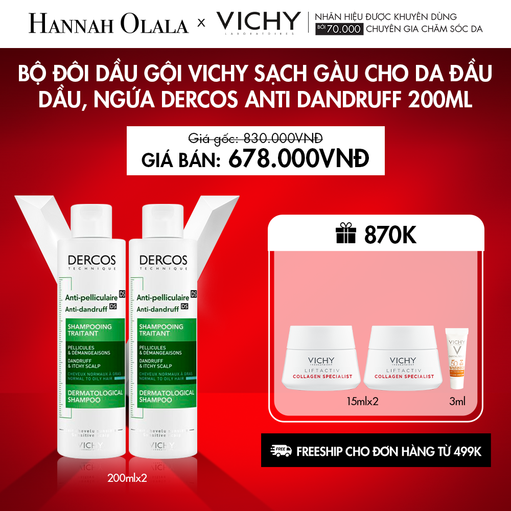  K21_DEAL 21: BỘ ĐÔI DẦU GỘI VICHY SẠCH GÀU CHO DA ĐẦU DẦU, NGỨA DERCOS ANTI DANDRUFF 200ML 