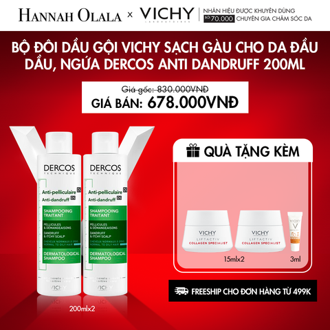  K21_DEAL 21: BỘ ĐÔI DẦU GỘI VICHY SẠCH GÀU CHO DA ĐẦU DẦU, NGỨA DERCOS ANTI DANDRUFF 200ML 