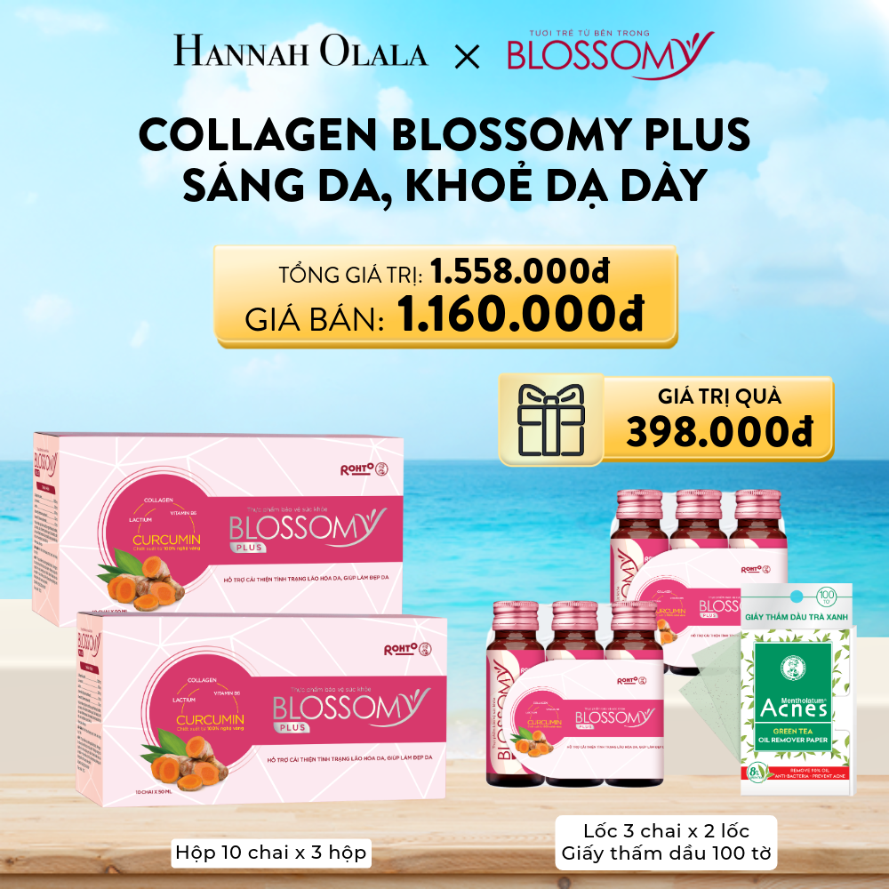  A889_DEAL 17: MUA 2 HỘP 10 THỰC PHẨM BẢO VỆ SỨC KHỎE BLOSSOMY PLUS - 1.000 MG COLLAGEN THỦY PHÂN TẶNG 2 LỐC 3 THỰC PHẨM BẢO VỆ SỨC KHỎE BLOSSOMY PLUS & 1 TỆP GIẤY THẤM DẦU TRÀ XANH ACNES (HỘP 10 CHAI X 2 HỘP & LỐC 3 CHAI X 2 LỐC + 1 TỆP X 100 TỜ) 