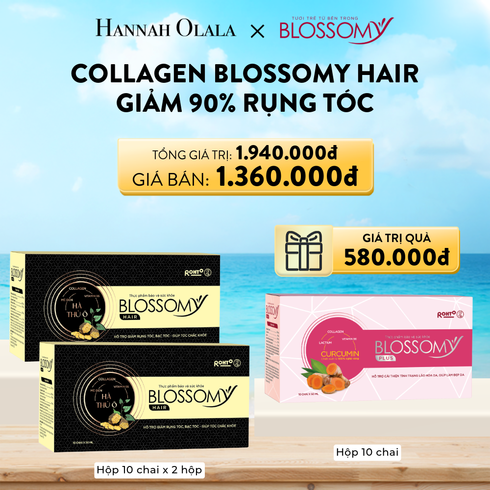  DEAL 7: MUA 2 HỘP 10 THỰC PHẨM BẢO VỆ SỨC KHỎE BLOSSOMY HAIR (MÀU ĐEN) (Hộp 10 chai x 2 hộp) TẶNG 1 HỘP 10 THỰC PHẨM BẢO VỆ SỨC KHỎE BLOSSOMY PLUS (MÀU HỒNG) (Hộp 10 chai x 1 hộp) 