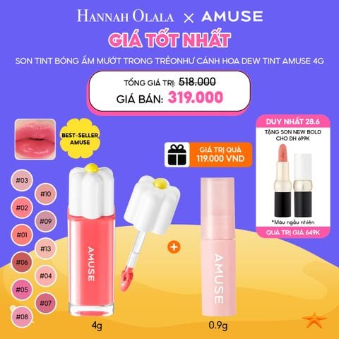  C6_DEAL 2: [DUY NHẤT 28.6] SON NƯỚC BÓNG THUẦN CHAY AMUSE DEW TINT 4G MUA 1 TẶNG 1 