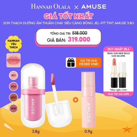 C14_DEAL 3: [DUY NHẤT 28.6] SON THẠCH BÓNG THUẦN CHAY AMUSE JEL-FIT TINT 3.8G MUA 1 TẶNG 1 
