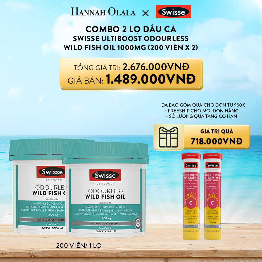  DEAL 9: COMBO 2 LỌ DẦU CÁ SWISSE ULTIBOOST ODOURLESS WILD FISH OIL 1000MG 200 VIÊN/LỌ 