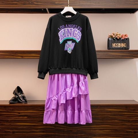 HM376 [Đầm Cho Người Béo Bụng] Đầm suông áo hoodie KINGS liền váy đuôi cá màu tím