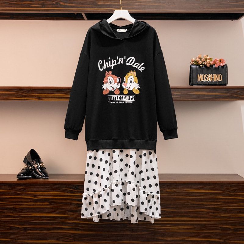 HM375 [Váy Đầm Suông Size Lớn] Đầm suông áo hoodie Chip'n'Dale liền váy đuôi cá chấm bi