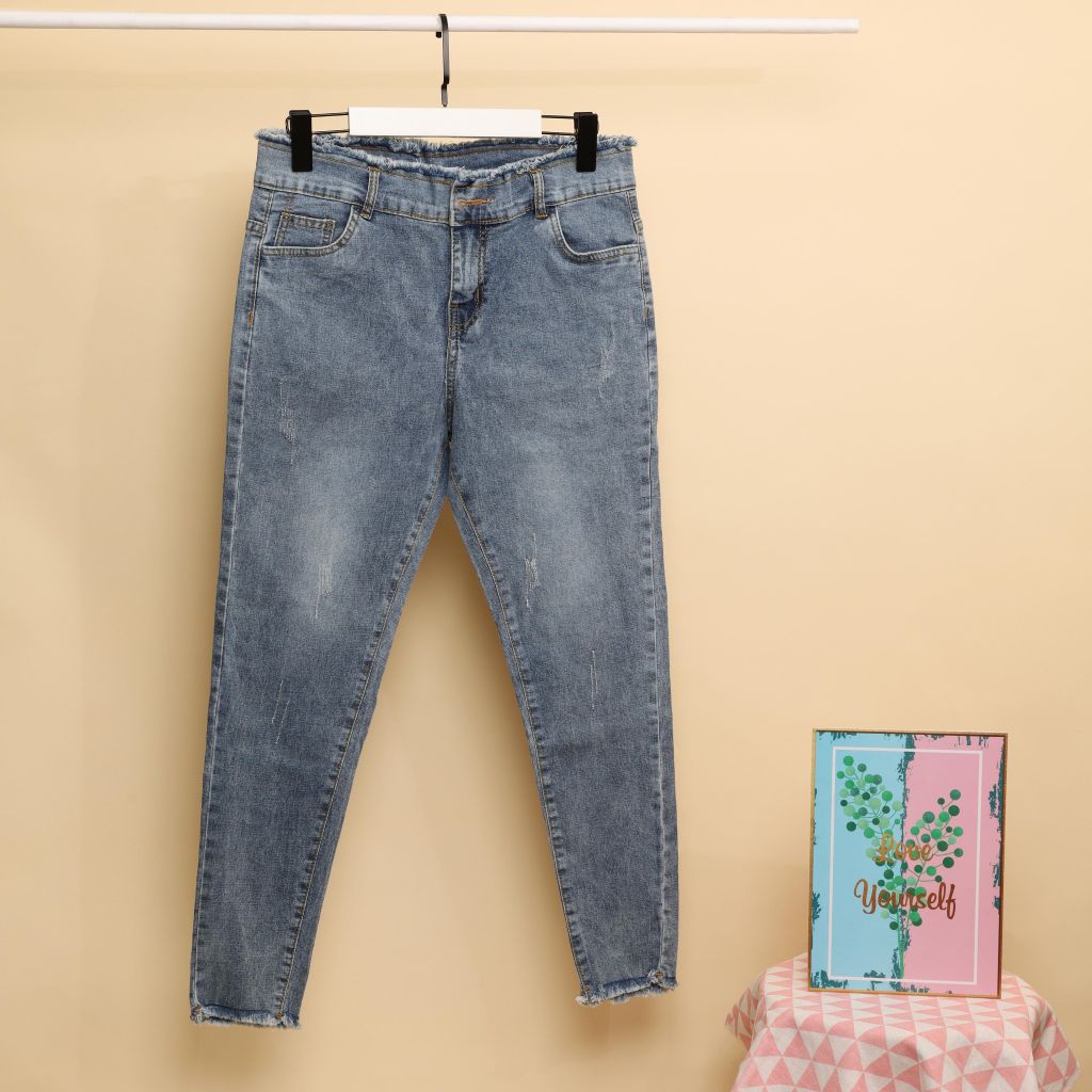 HM251 [Quần Jean BigSize] Quần Jean thun tua rua co giãn size to màu xanh navy hắc chân siêu dài