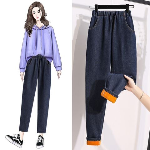 HM475 [Quần Jean BigSize Nữ] Quần Jean Dài Lưng Thun Dáng Baggy Màu Đen Phối Chỉ Cam Thời Trang Đến Từ Thương Hiệu Himistore