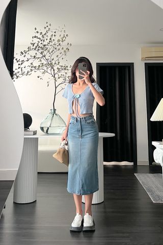 CHÂN VÁY JEAN DÀI CHẠY VIỀN DỌC