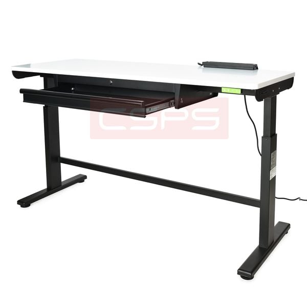 Bàn điều chỉnh độ cao bằng điện CSPS 168cm: Chân đen có hộc kéo mặt trắng nhìn nghiêng