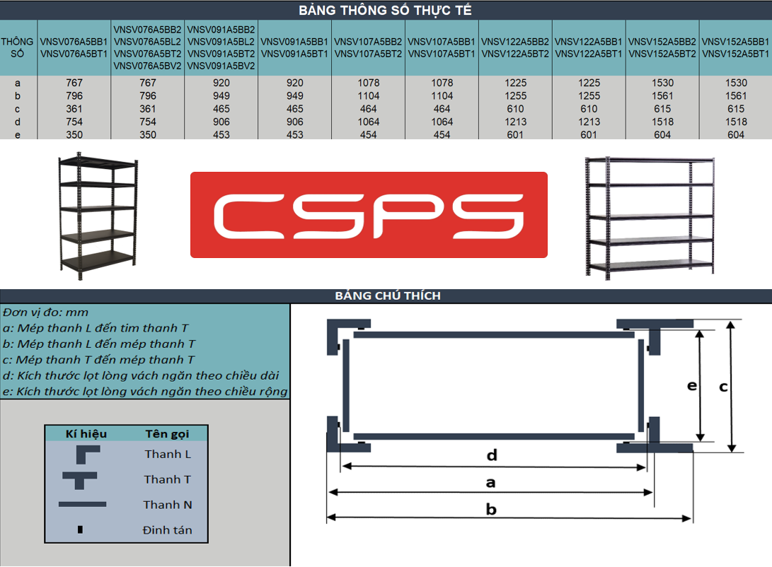  Kệ thép 5 tầng CSPS ngăn thép 76cm  - 91cm - 107cm - 122cm - 152cm 