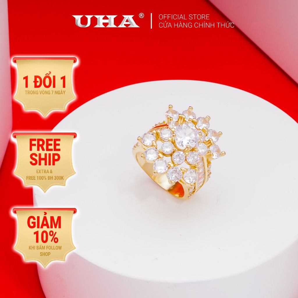 Nhẫn nữ UHA mạ vàng 18K đính đá CZ N406155-150