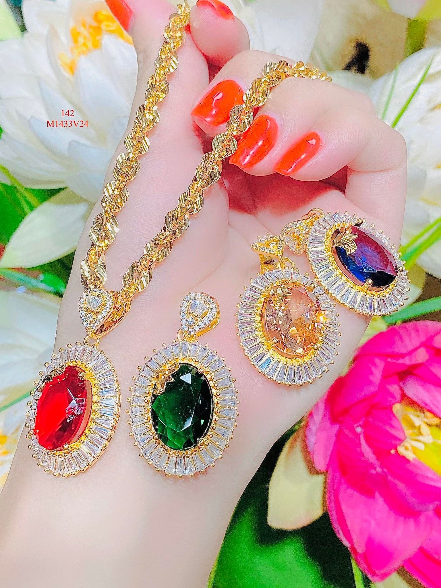 M1433 Mặt dây chuyền nữ KÈM DÂY đính đá màu phong thủy-UHA Women Khuyên Tai