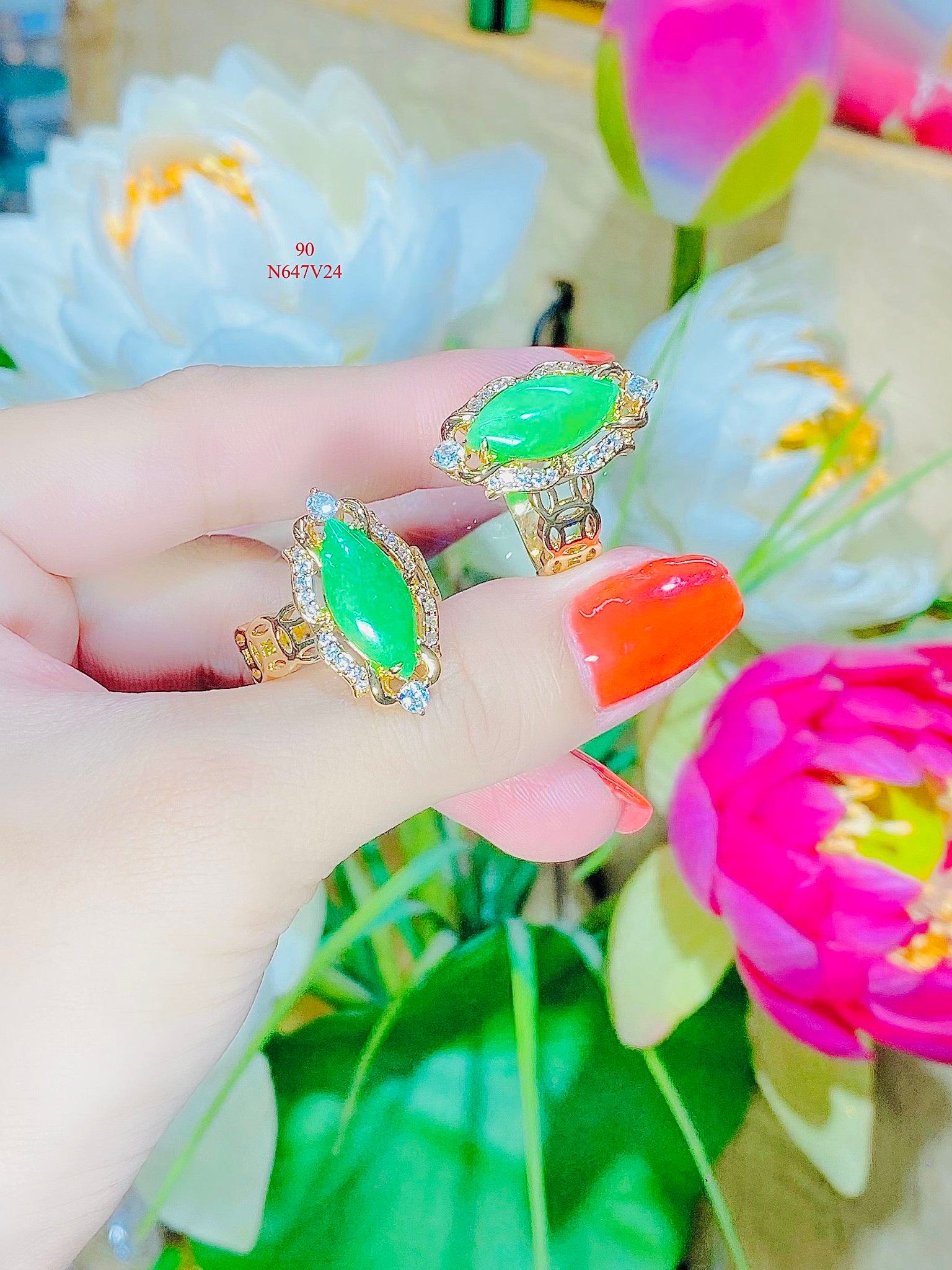 Nhẫn nữ  cao cấp N647 đính đá cẩm thạch khắc kim tiền may mắn