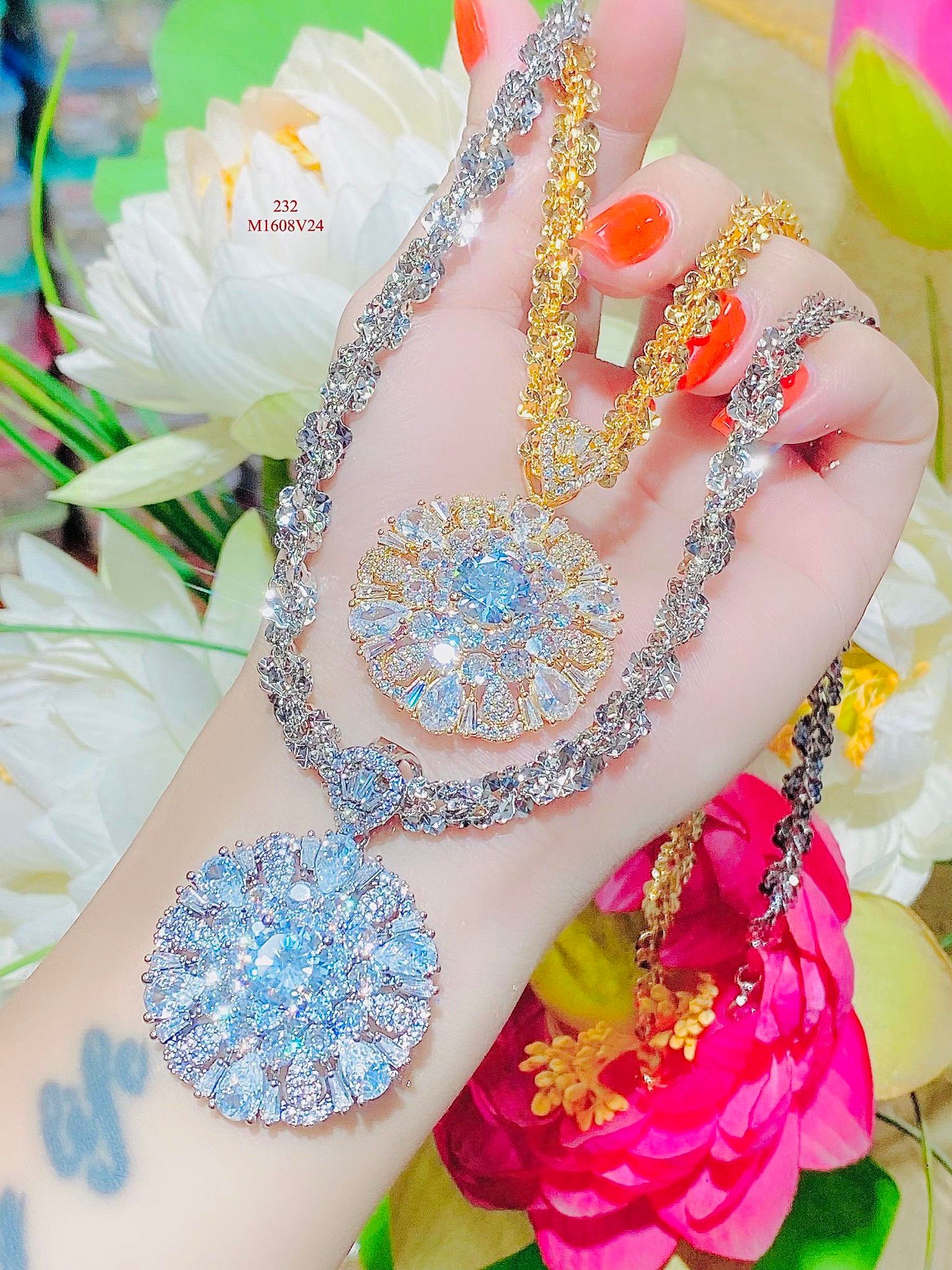 M1608 Mặt và dây chuyền nữ đính đá bagutte CZ cao cấp sáng lấp lánh UHA Women Khuyên Tai