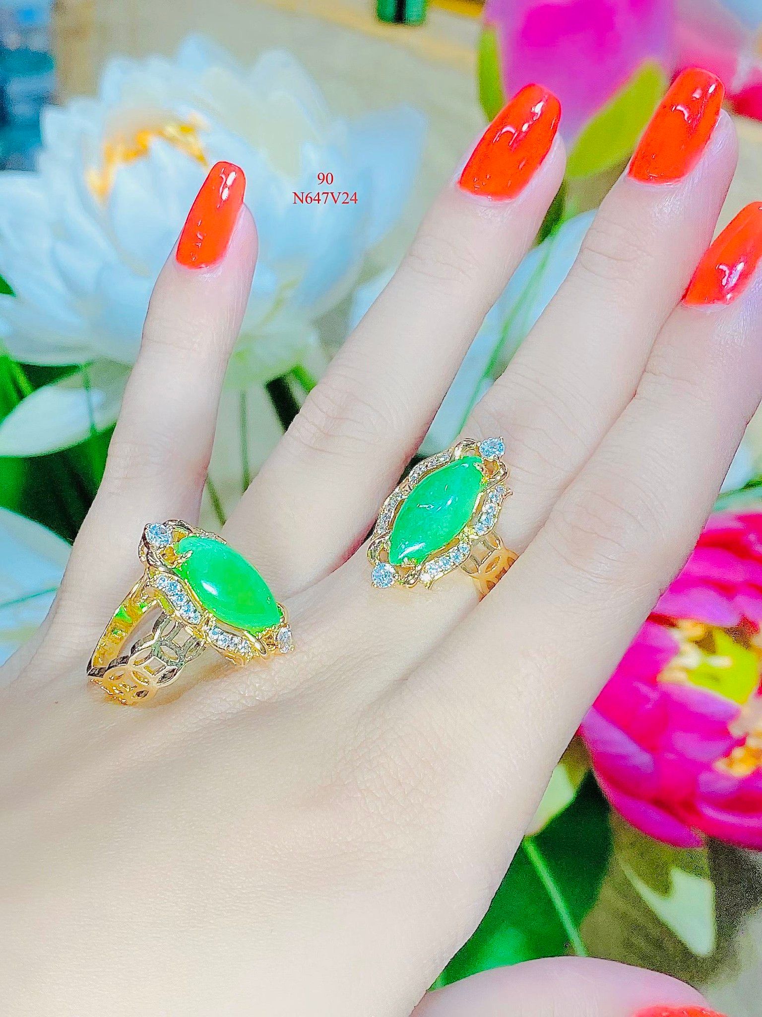 Nhẫn nữ  cao cấp N647 đính đá cẩm thạch khắc kim tiền may mắn