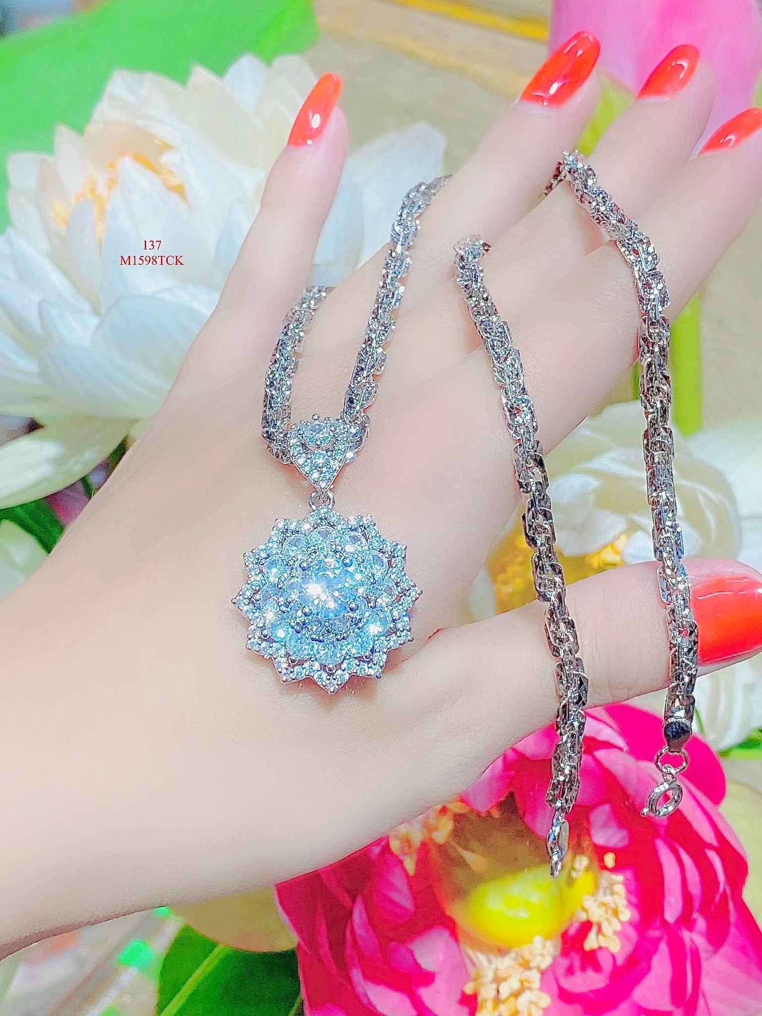 M1598 Mặt VÀ dây chuyền nữ đính đá bagutte CZ cao cấp sáng lấp lánh UHA Women Khuyên Tai
