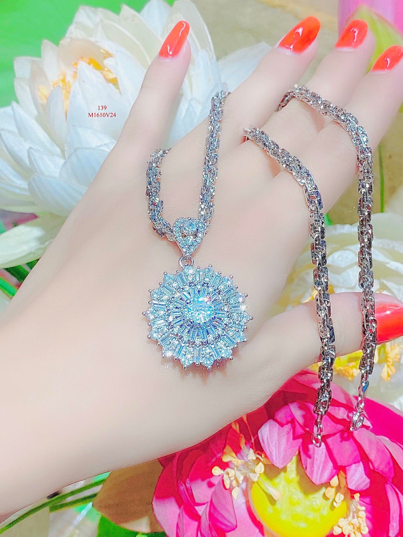 M1610 Mặt và dây chuyền nữ đính đá bagutte CZ cao cấp siêu xinh-UHA