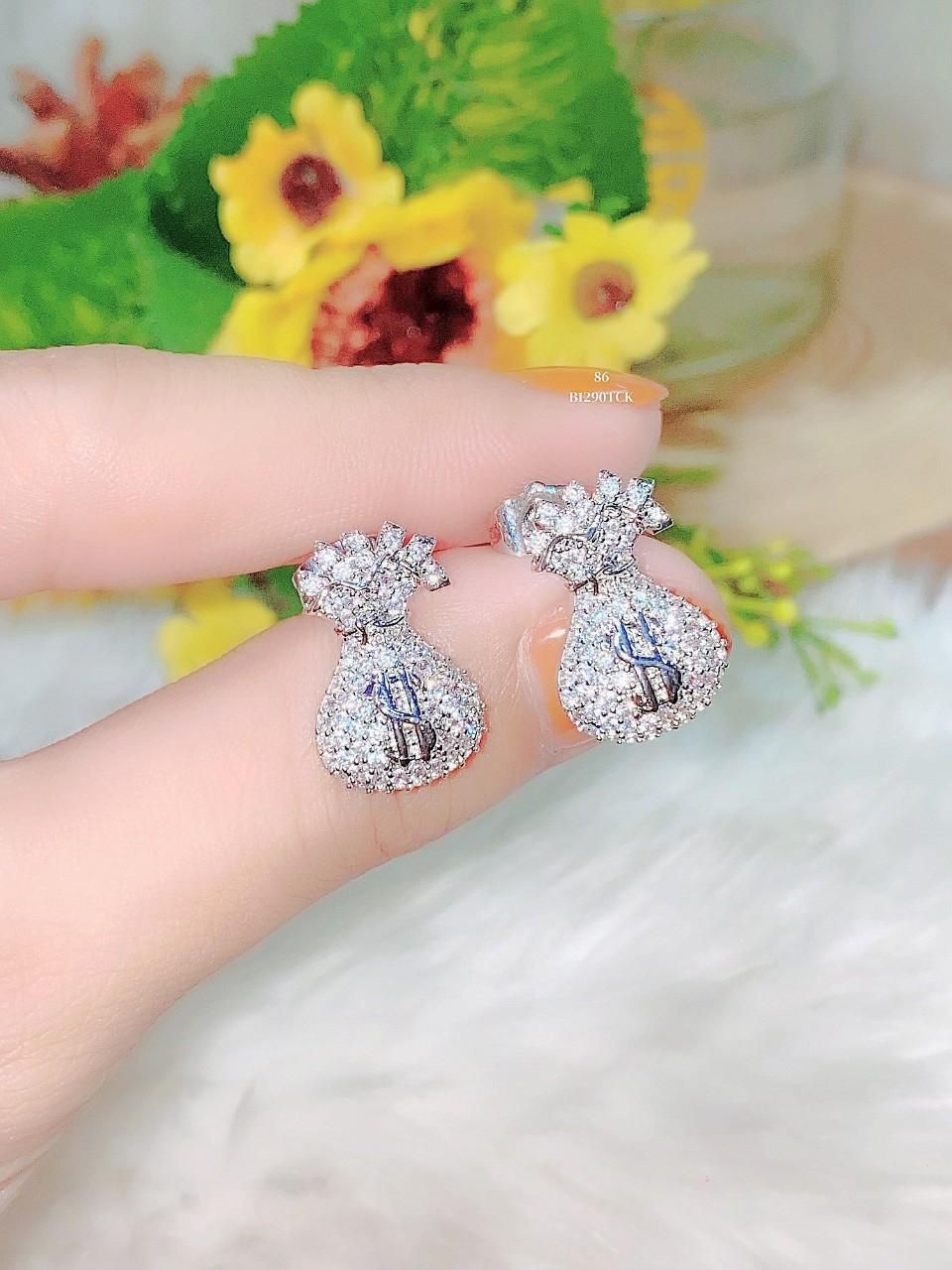 B1290 Bông tai nữ kiểu túi tiền $ đính đá tấm CZ cao cấp UHA Women