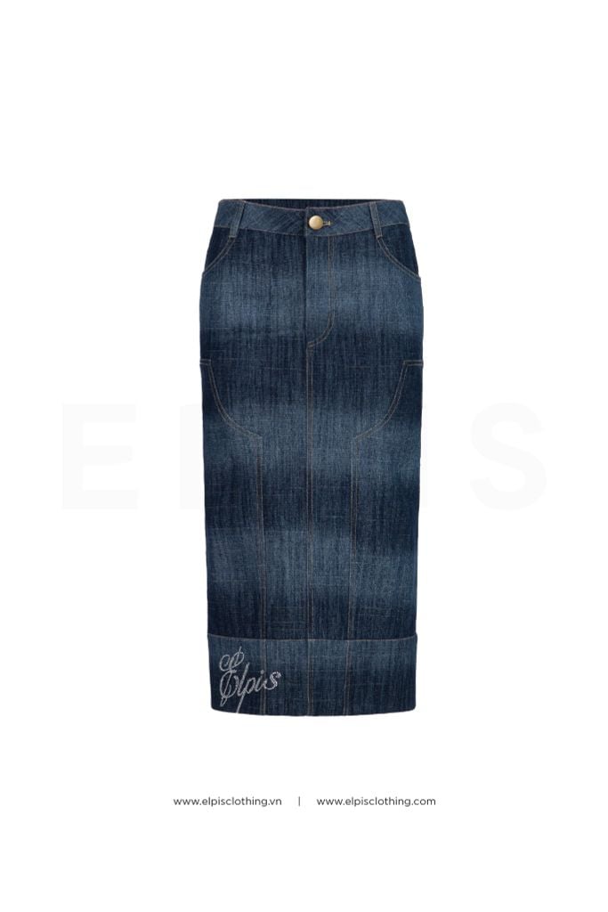 Xanh đậm ELPIS - Chân váy Jeans midi dáng ôm SS23B83