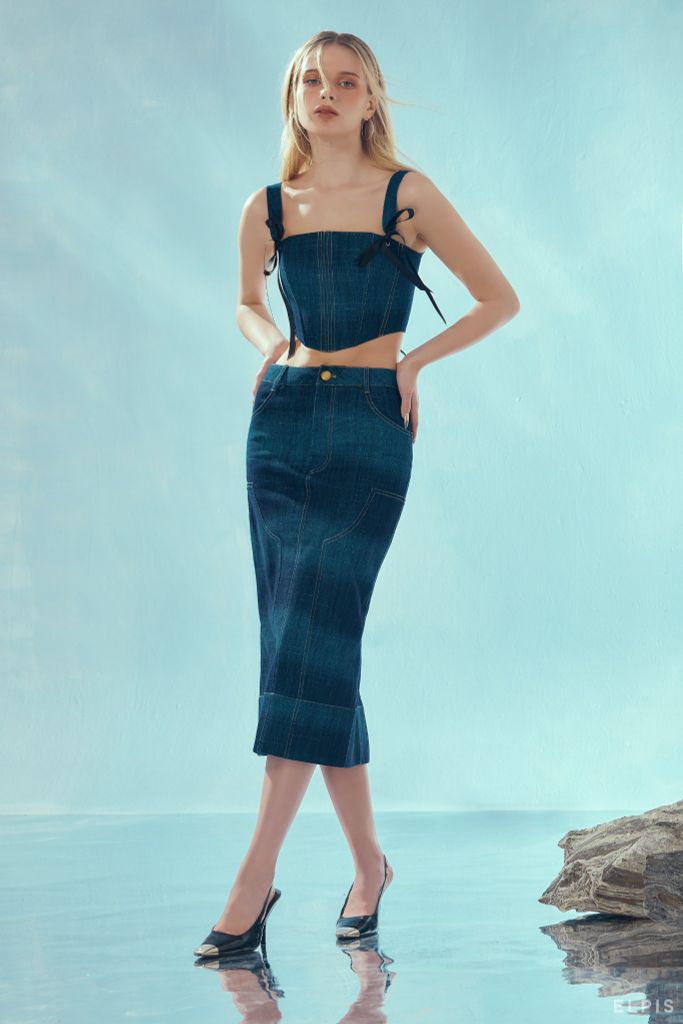 Xanh đậm ELPIS - Chân váy Jeans midi dáng ôm SS23B83