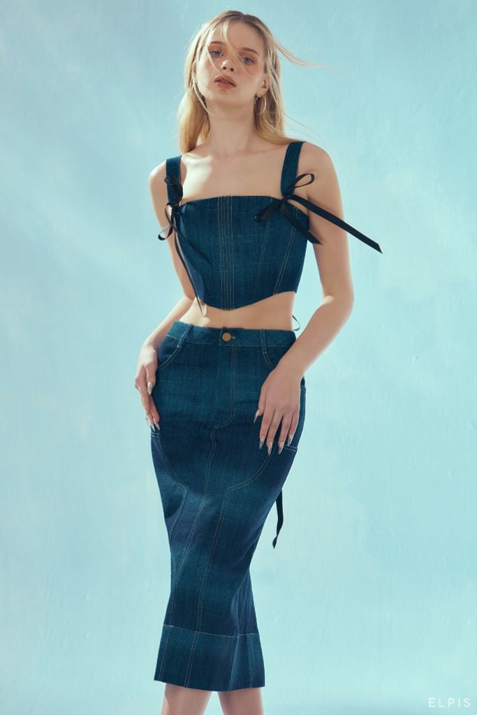 Xanh đậm ELPIS - Chân váy Jeans midi dáng ôm SS23B83