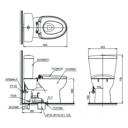 Bồn Cầu Hai Khối TOTO CS300DT2Y1 Nắp TC393VS