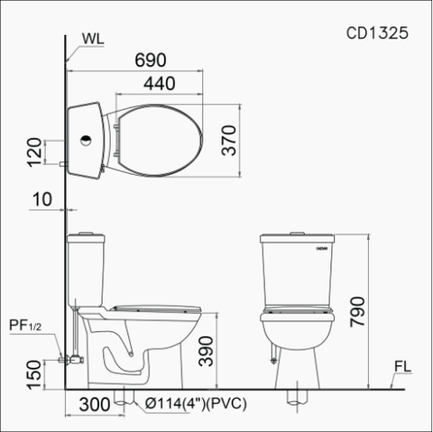 Bàn Cầu CAESAR CD1325 Hai Khối 2 Nhấn Nắp Thường