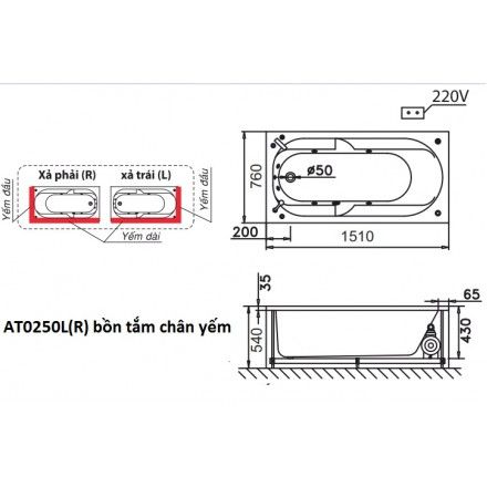 Bồn Tắm Chân Yếm 1.5M CAESAR AT0250L/R