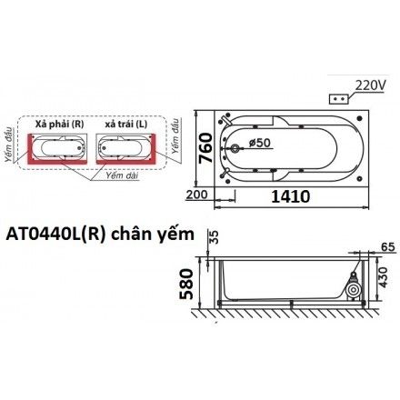 Bồn Tắm Chân Yếm 1.4M CAESAR AT0440L/R