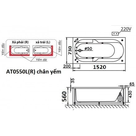 Bồn Tắm Chân Yếm 1.5M CAESAR AT0550L/R