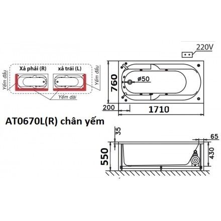 Bồn Tắm Chân Yếm 1.7M CAESAR AT0670L/R