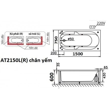 Bồn Tắm Chân Yếm Nằm 1.5M CAESAR AT2150L/R