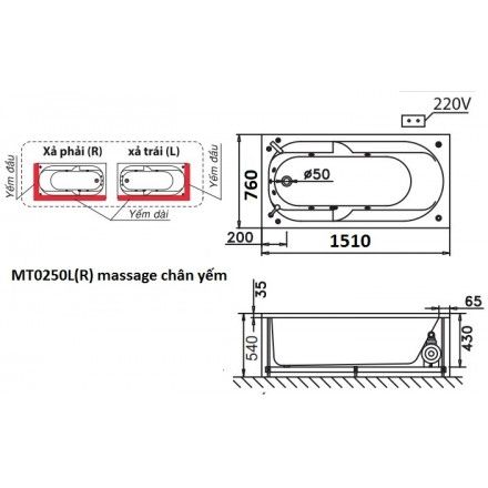 Bồn Tắm Massage Chân Yếm 1.5M CAESAR MT0250L/R