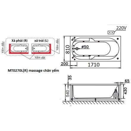 Bồn Tắm Massage Chân Yếm 1.7M CAESAR MT0270L/R