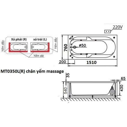 Bồn Tắm Massage Chân Yếm 1.5M CAESAR MT0350L/R