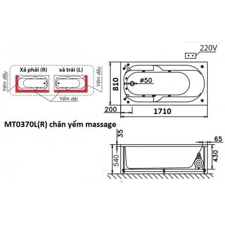 Bồn Tắm Massage 1.7M Chân Yếm CAESAR MT0370L/R