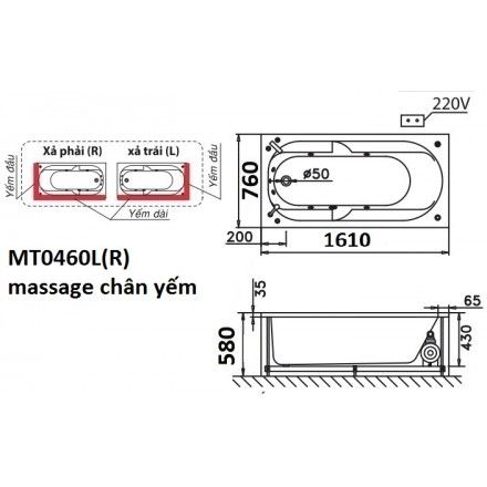 Bồn Tắm Massage Chân Yếm 1.6M CAESAR MT0460L/R